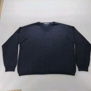 Polo Ralph Lauren 100% Wool heavy Fisherman Sweater Mens V Neck Black Size XL